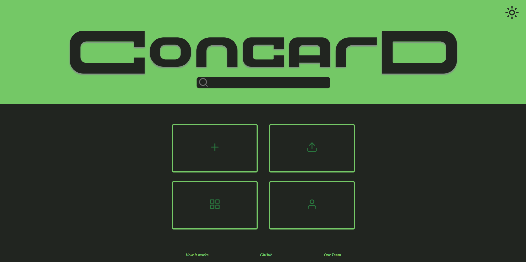 ConCard's Home page in dark theme