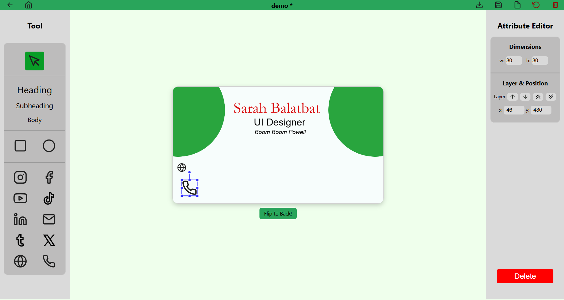 Icon attribute editor on the Concard editor