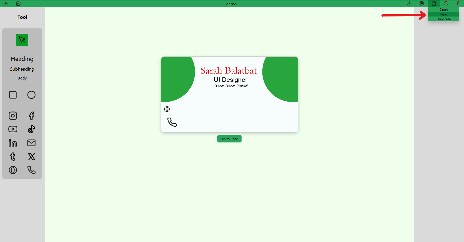 A red arrow points to the "New" button on the editor under the "file" button