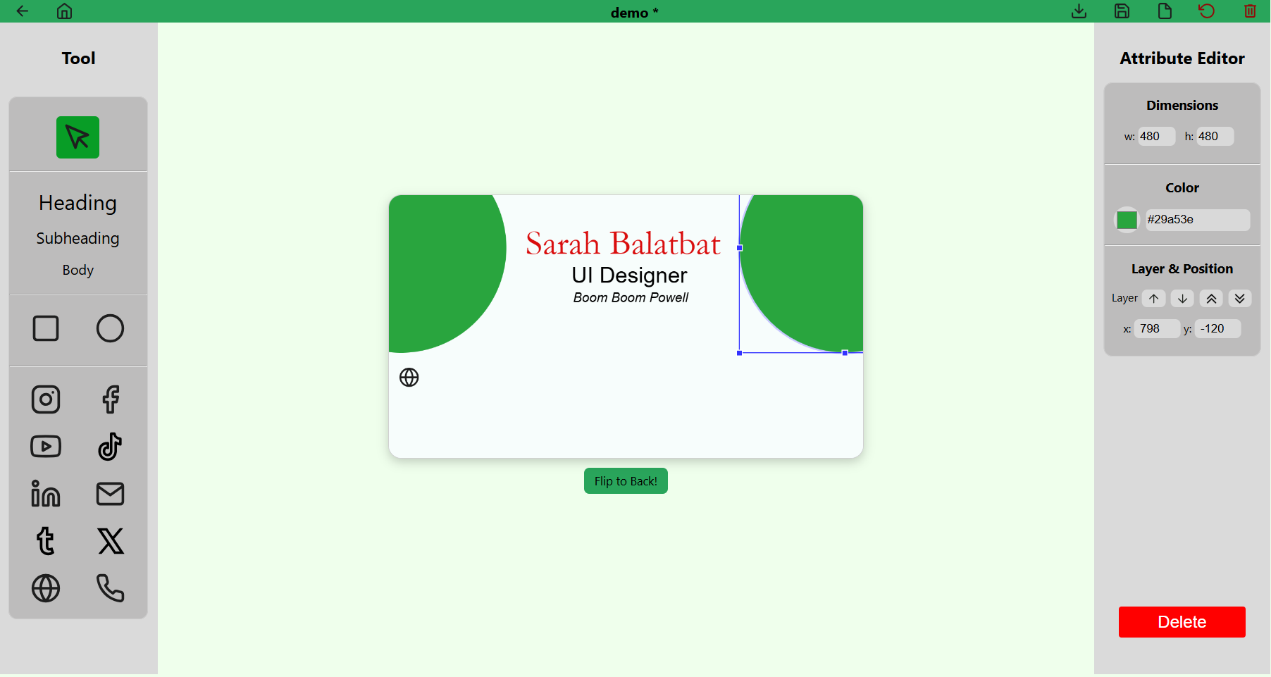 Shape attribute editor on the Concard editor