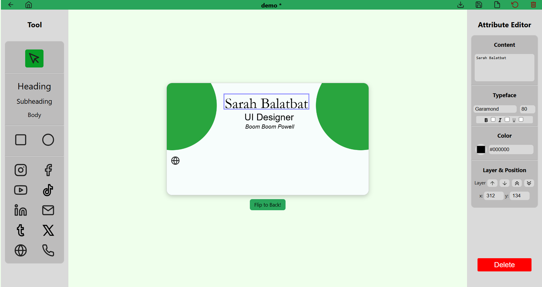 Text attribute editor on the Concard editor