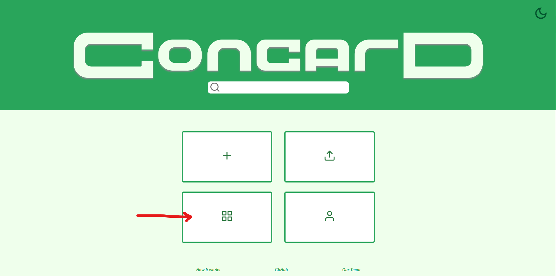 A red arrow points to the "gallery" button on the home page