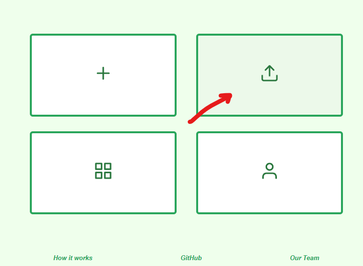 A red arrow points to the "upload" button on the home page