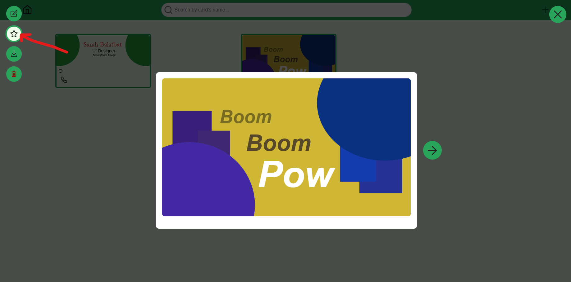 A red arrow points to the "star" icon on the card preview